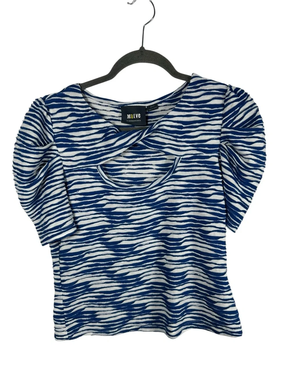 Maeve Anthropologie Blue White Zebra Stripe Twist Keyhole Puff Sleeve Top Medium